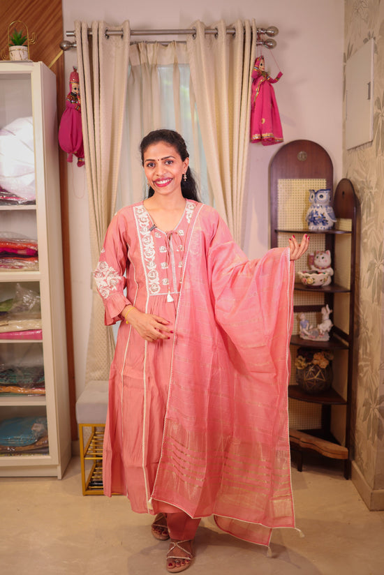 Peach Pink A-Line Salwar Set with Neck Embroidery
