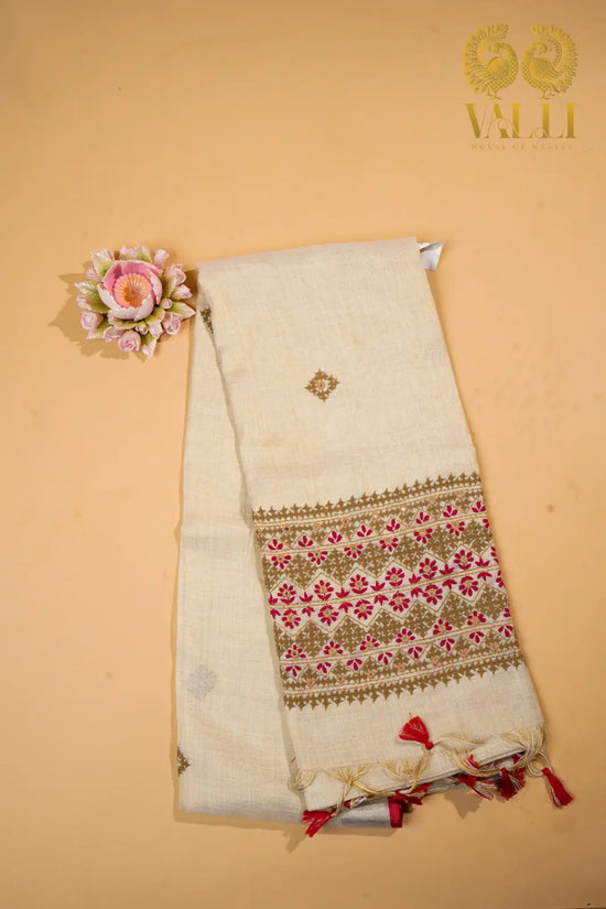 Tissue Linen Saree – Hand Knot Threadwork Pallu with Red Selvedge Border