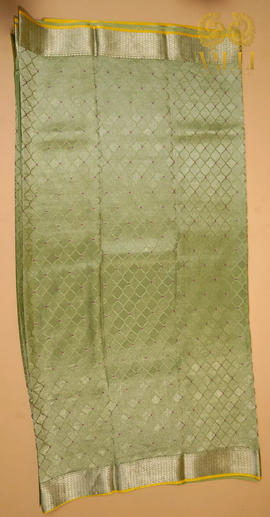 Elachi Green Banarasi Crepe Silk Saree with Yellow Selvage