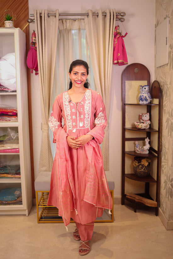 Peach Pink A-Line Salwar Set with Neck Embroidery