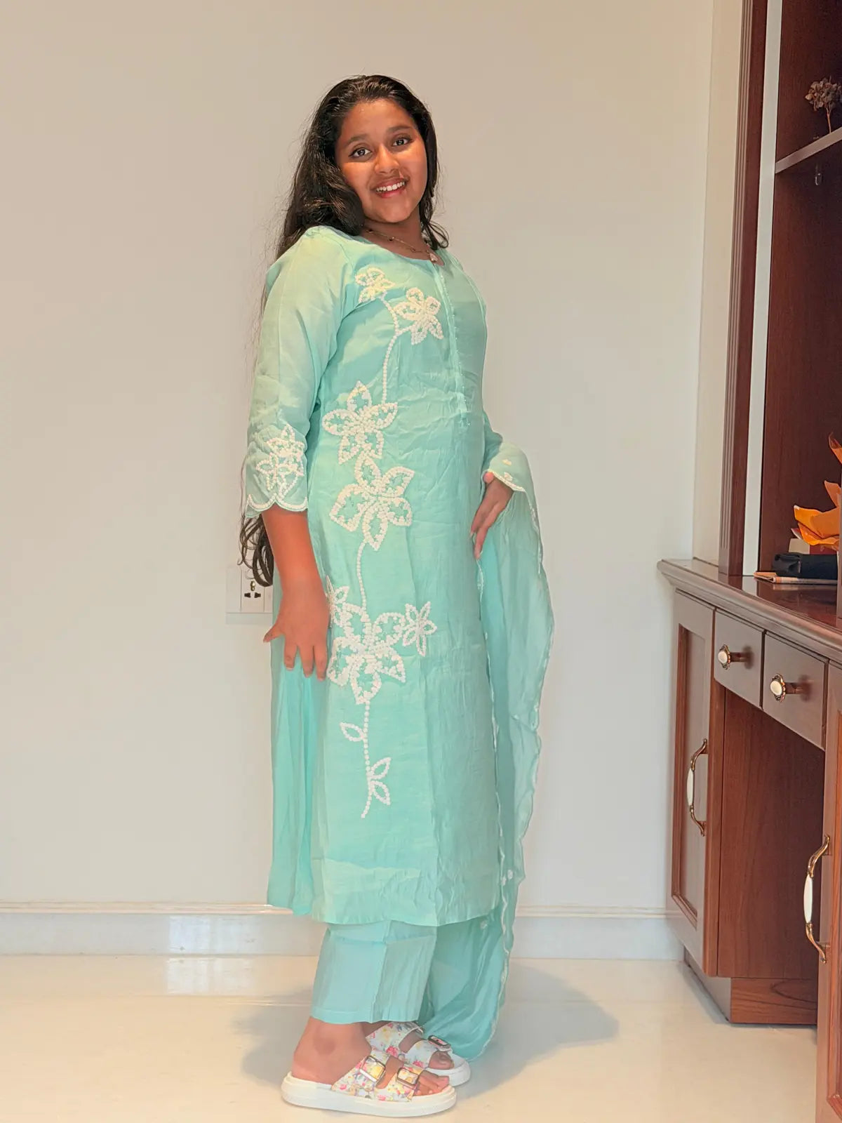 Sky blue embroidery mul Chanderi salwar set with embroidery