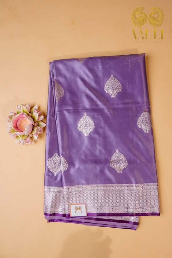 Lilac Satin Banarasi Saree with Silver Zari Motifs