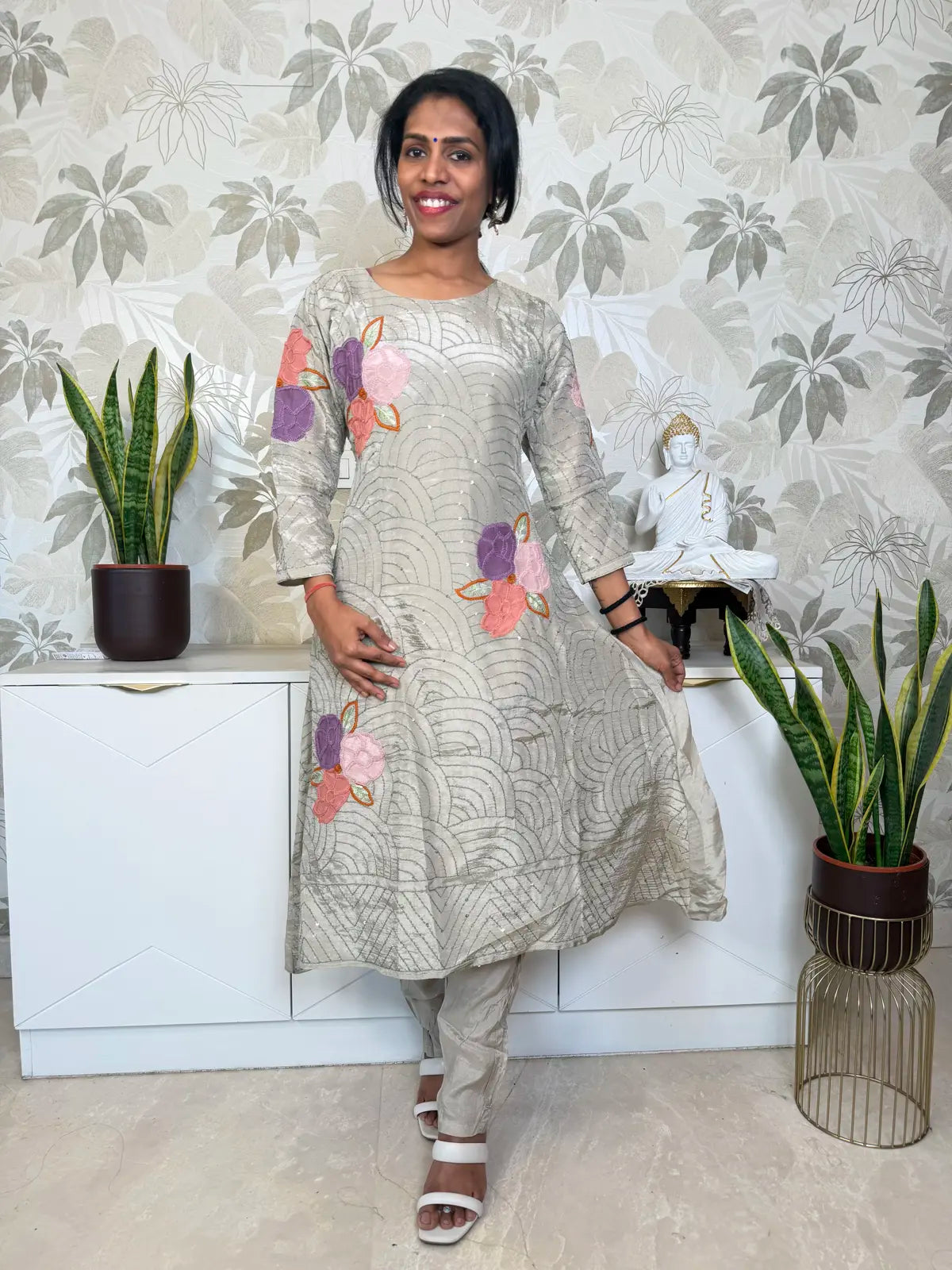 Greyish Green A-Line Salwar Set with Floral Patch Embroidery