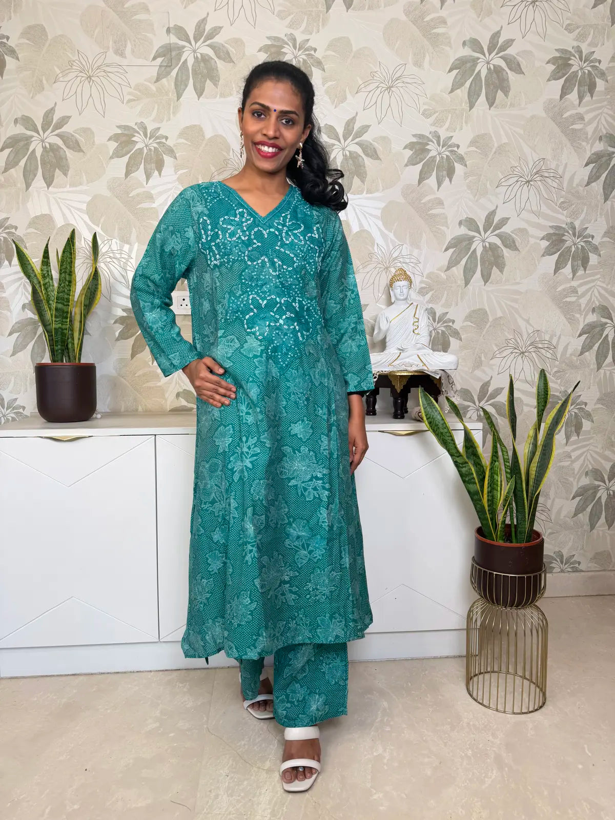 Green Muslin Cotton Salwar Set with Appliqué Work