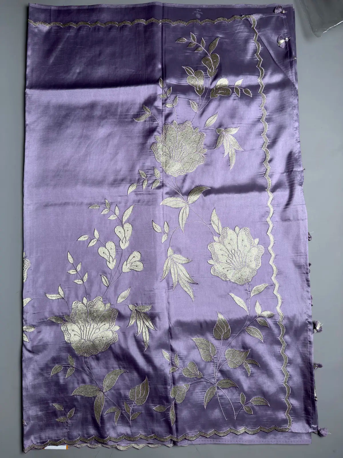 Lavender Satin Finish Saree with Silver Floral Embroidery