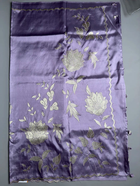 Lavender Satin Finish Saree with Silver Floral Embroidery