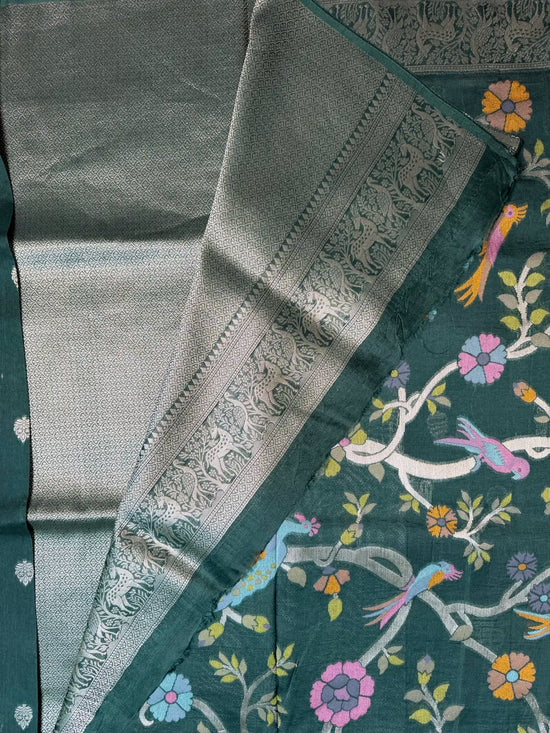 Banarasi Tussar Georgette Saree in Bottle Green with Shikargah Pallu