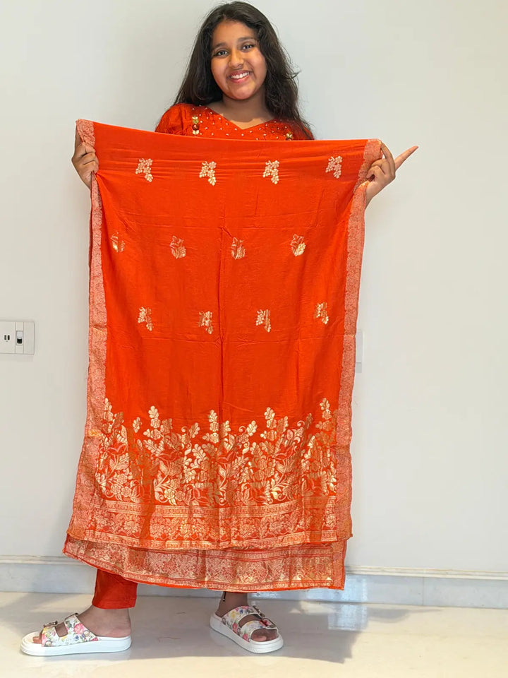 orange silk salwar set French knot embroidery brocade dupatta