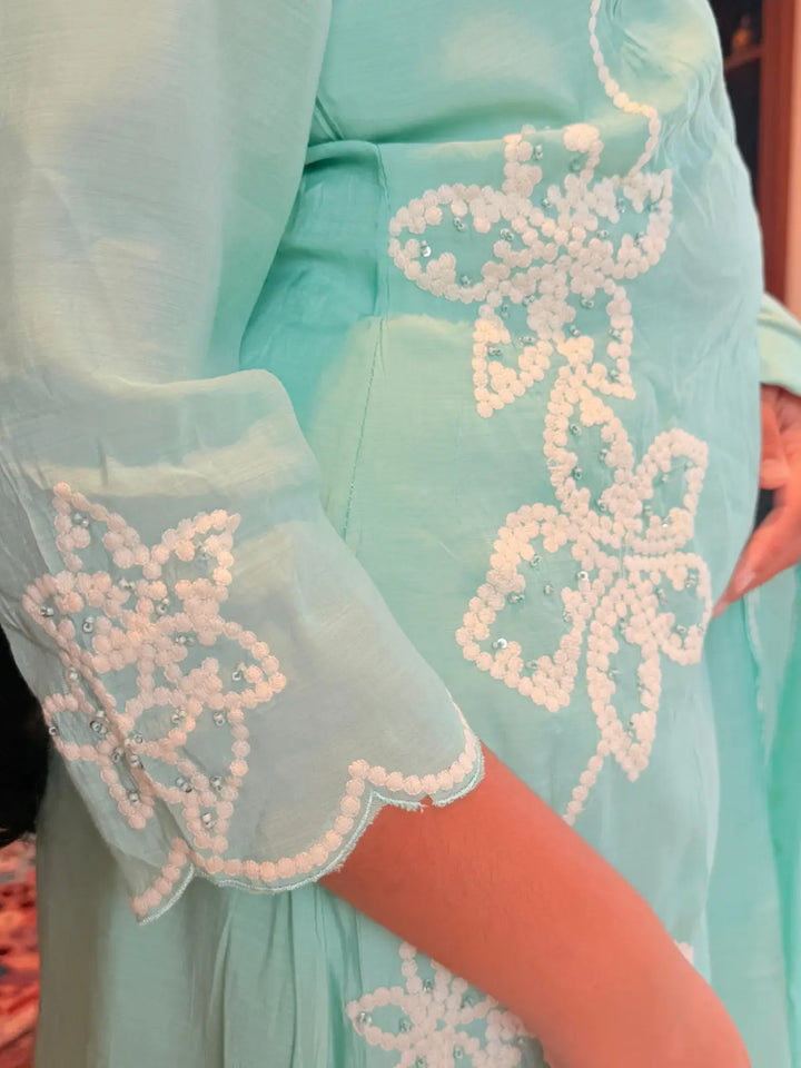 Sky blue embroidery mul Chanderi salwar set with embroidery
