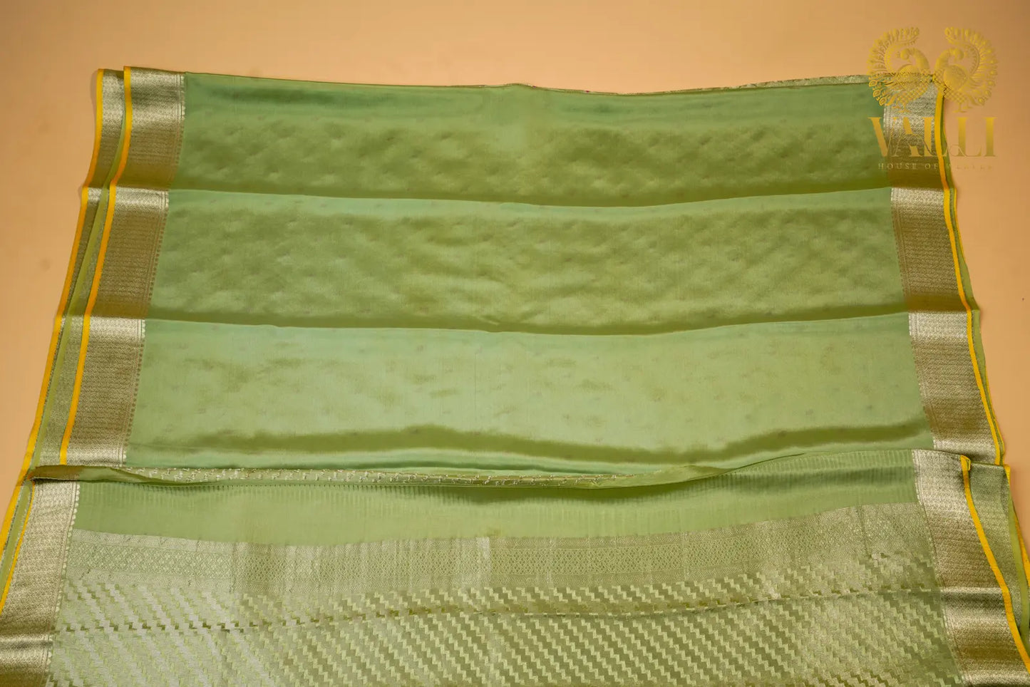 Elachi Green Banarasi Crepe Silk Saree with Yellow Selvage