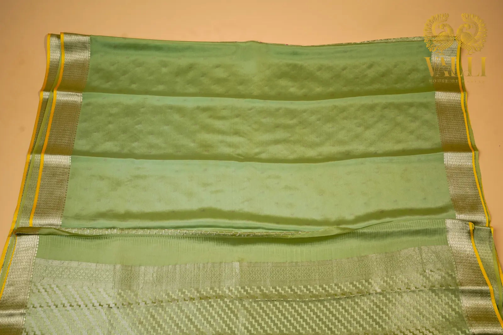 Elachi Green Banarasi Crepe Silk Saree with Yellow Selvage