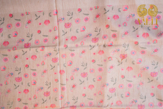 Ivory pastel beige Tussar Silk Saree with Floral Digital Print & Zari Border beige 
