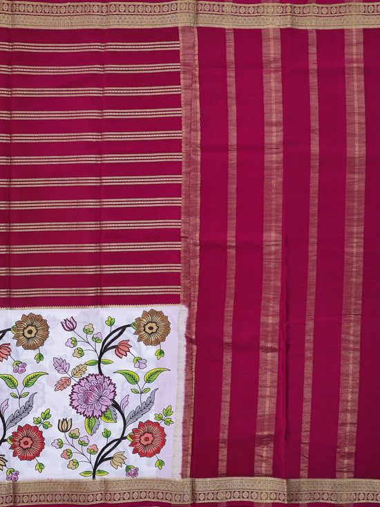 Pure Crepe Silk Saree – Rani Pink with Kantha Hand-Painted Work