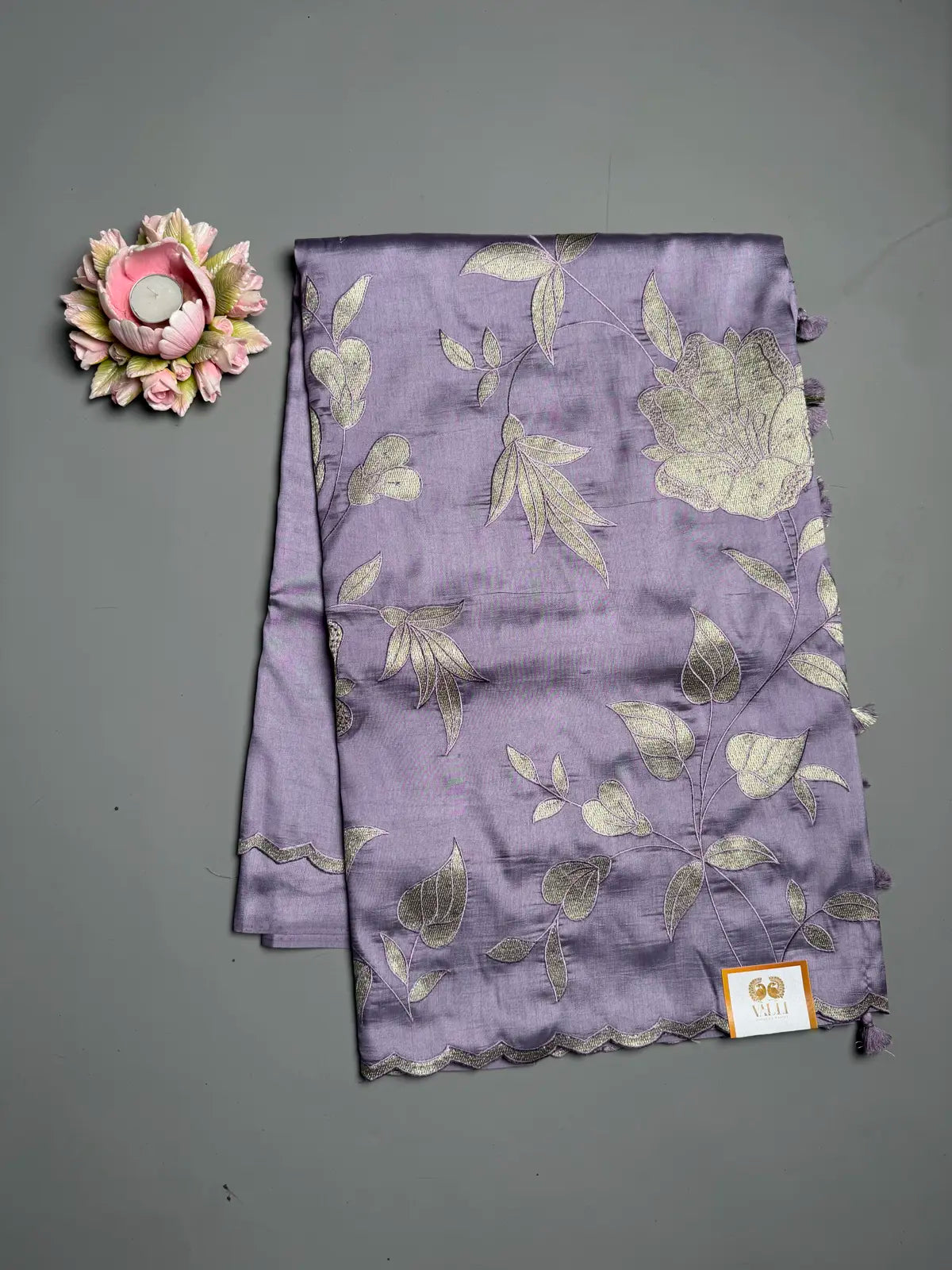 Lavender Satin Finish Saree with Silver Floral Embroidery