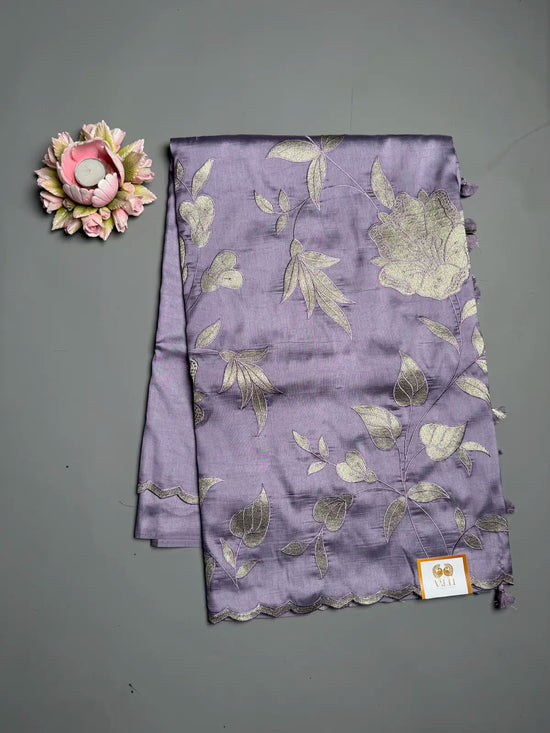 Lavender Satin Finish Saree with Silver Floral Embroidery