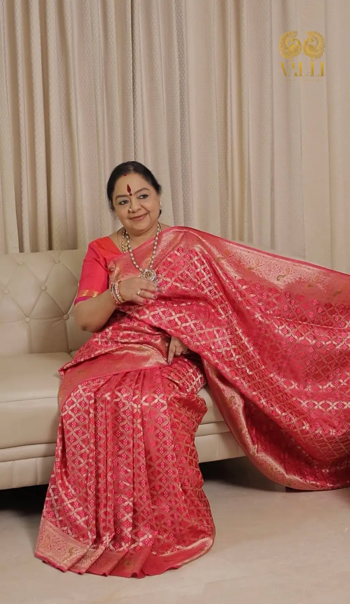 Rani pink bhandini brocade with rich Zari weave