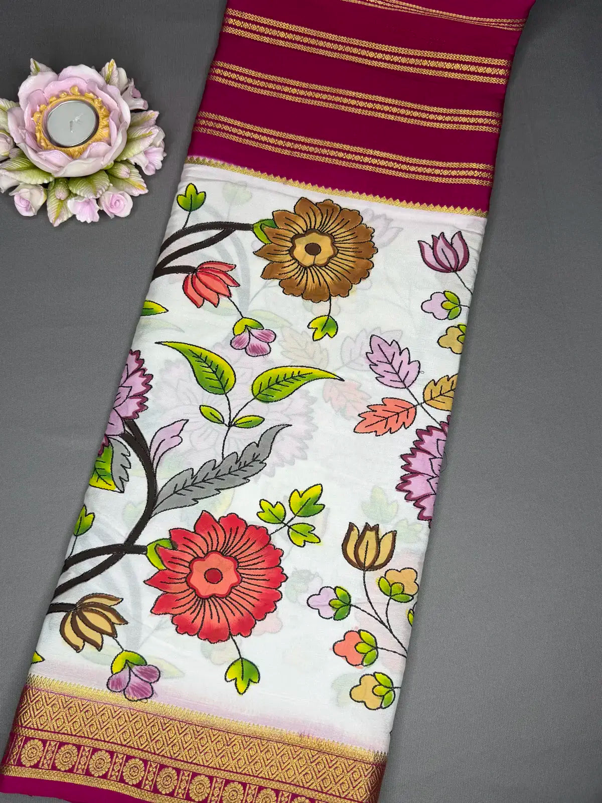 Stripes Kantha pure Mysore crepe Rani pink 