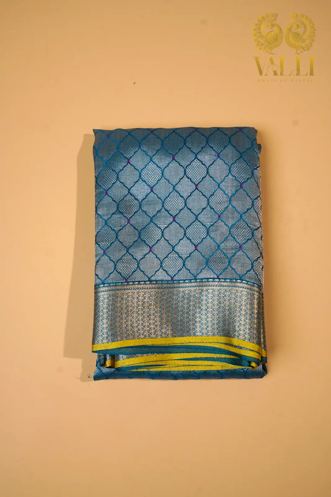 Teal  Blue Banarasi Crepe Silk Saree with Yellow Selvage