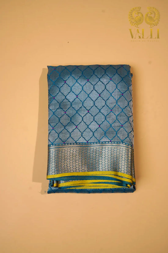 Teal  Blue Banarasi Crepe Silk Saree with Yellow Selvage