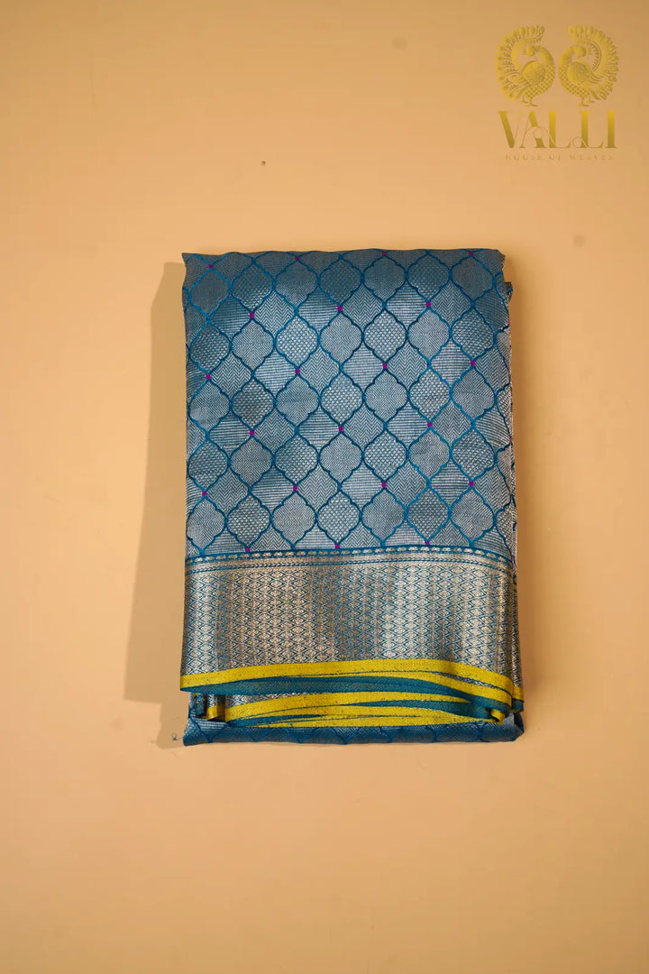 Teal  Blue Banarasi Crepe Silk Saree with Yellow Selvage