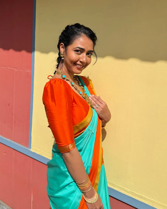   Pure Mysore Crepe Silk Saree – Rama Blue with Fanta Orange Contrast