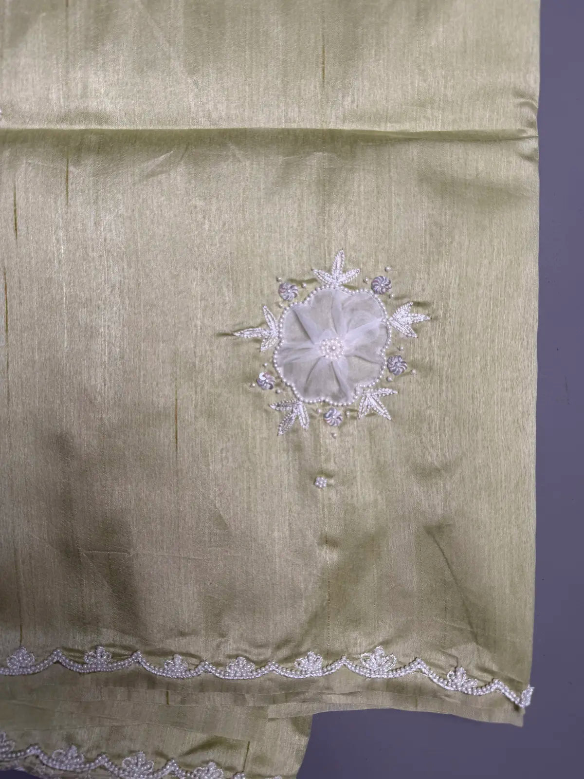 Green Apple Tussar Silk Saree with Appliqué Lace & Pearl Scallop Detailing