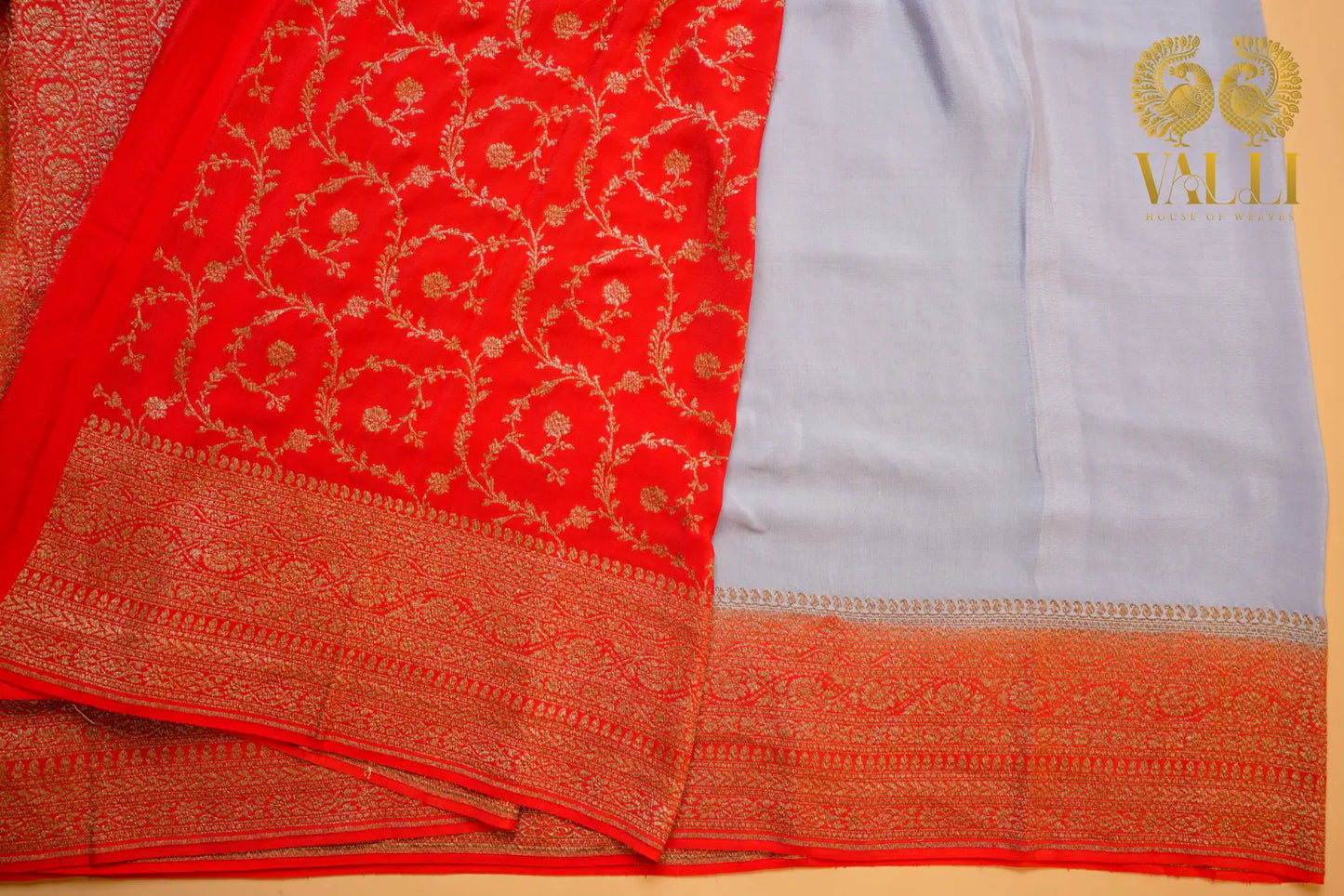 Grey Pure Georgette Banarasi Saree with Antique Zari Border & Red Brocade Blouse