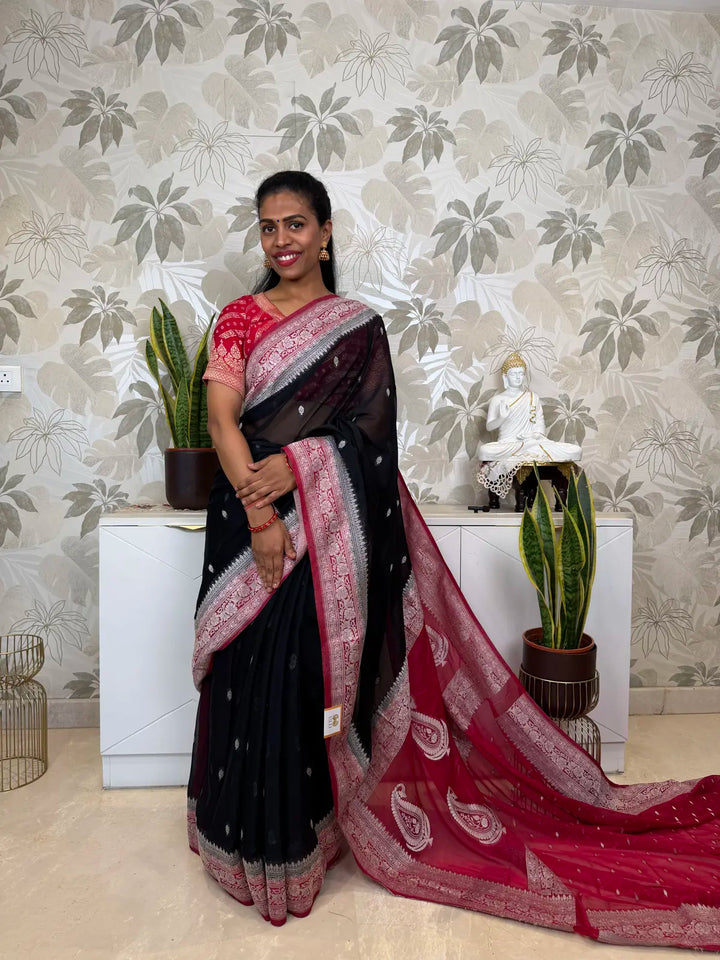 Black Chiffon Saree with Elegant Silver Zari Border