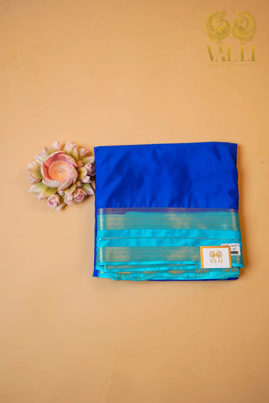 Semi Crepe Silk Rama Blue Saree with Gold Stripe Pallu