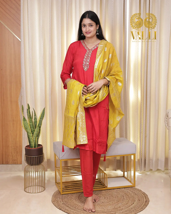Red Kurtha set with mustard Banarasi duppata straight cut with slit
