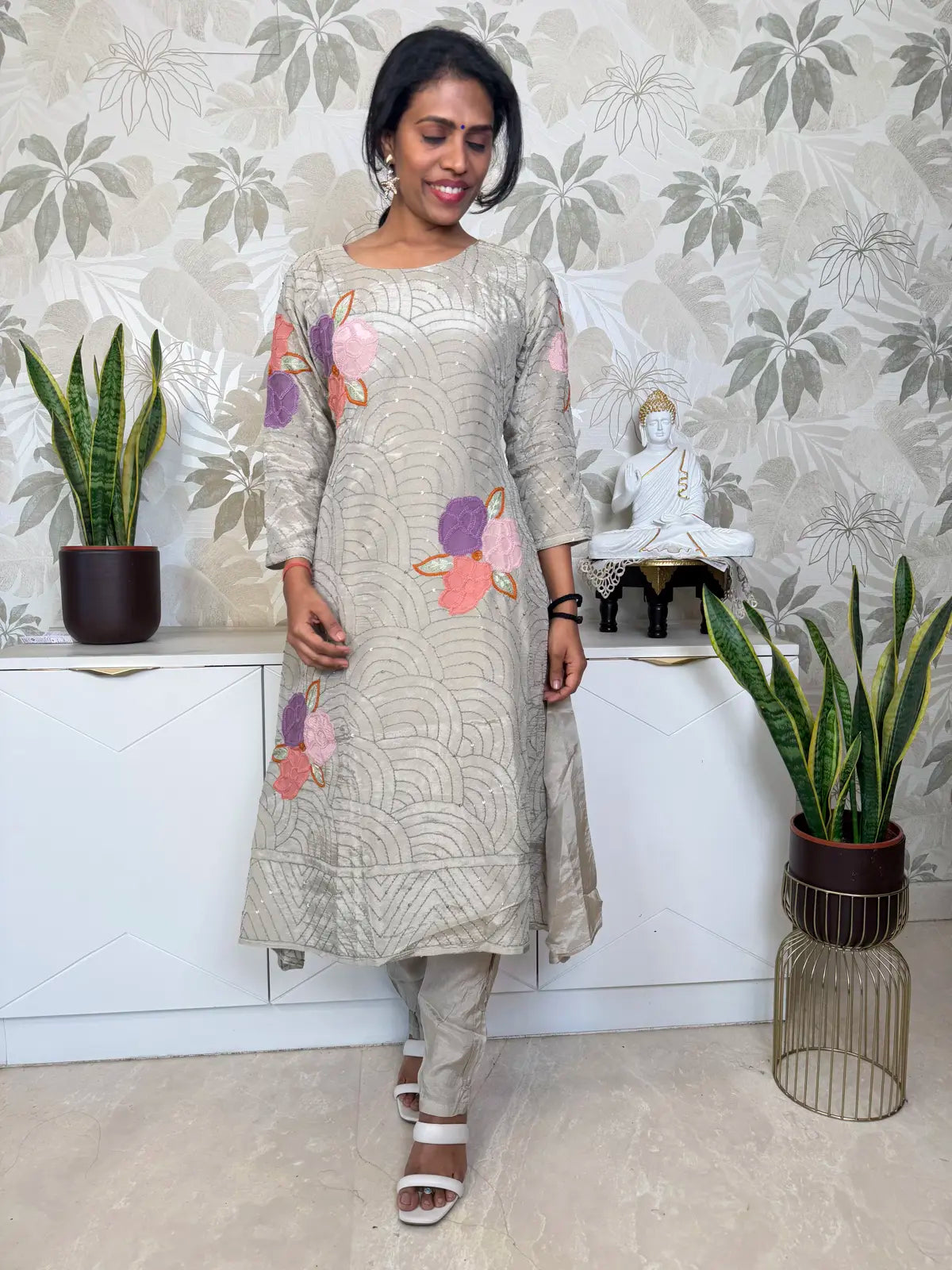 Greyish Green A-Line Salwar Set with Floral Patch Embroidery