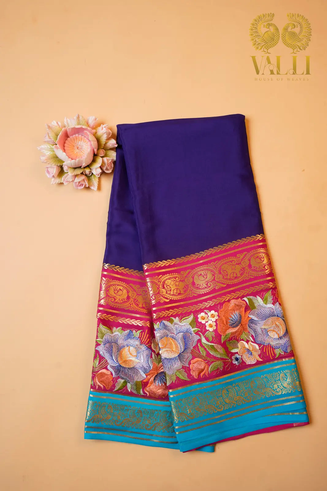 Pure Mysore Crepe Silk Saree – Royal Purple with Bentex Embroidery Border