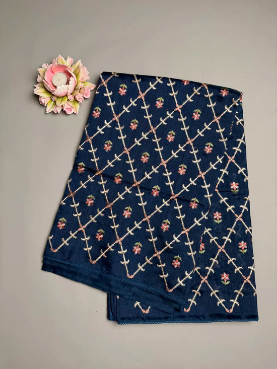Midnight Blue Matka Silk Saree with Geometric Embroidery