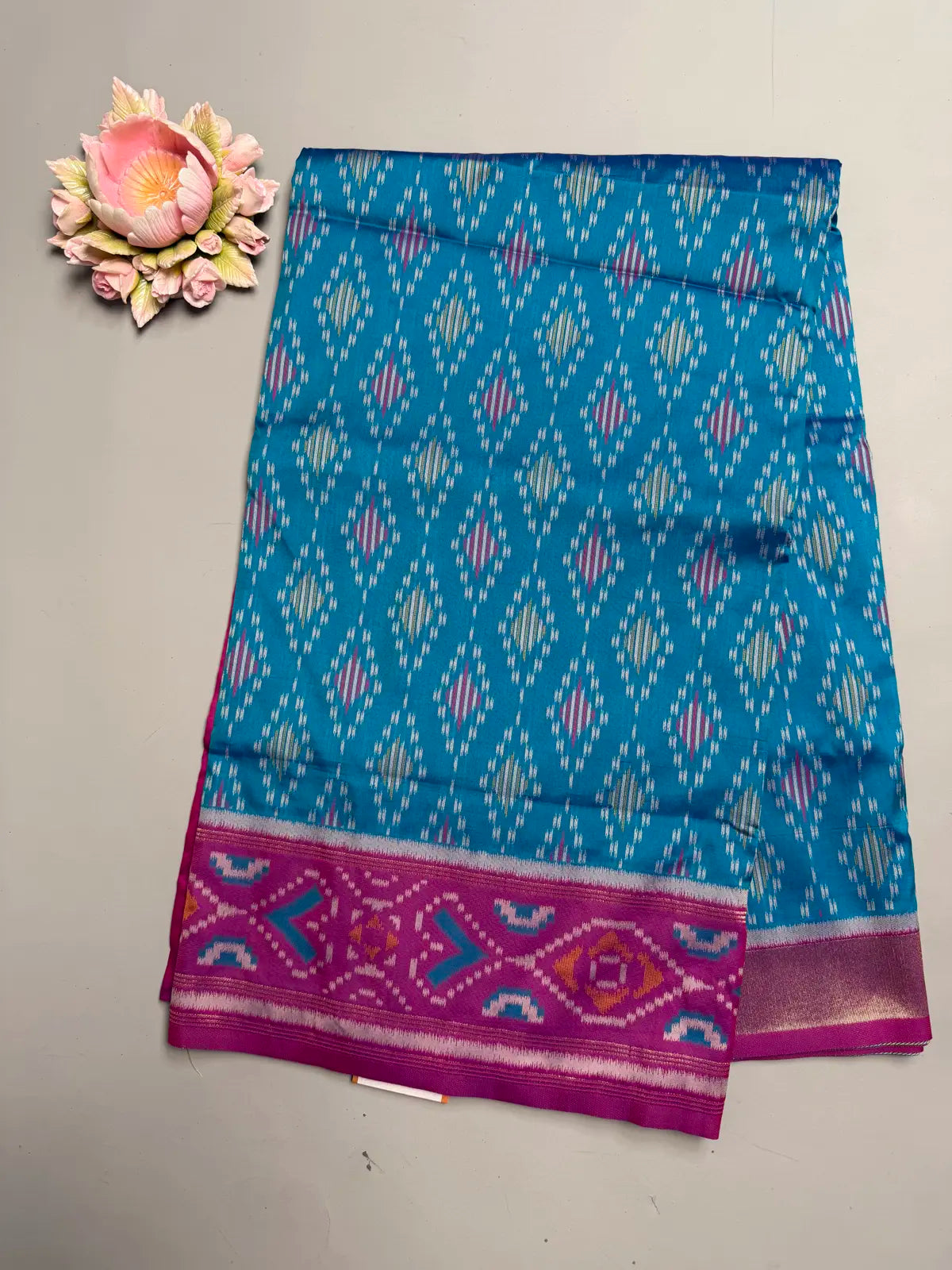 Teal Blue Pochampally Ikat Saree with Pink Contrast Border