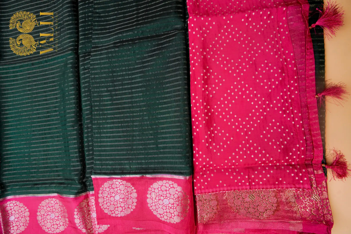 Fancy Dola Silk Saree – Gold Zari Stripes with Contrast Pink Pallu & Blouse