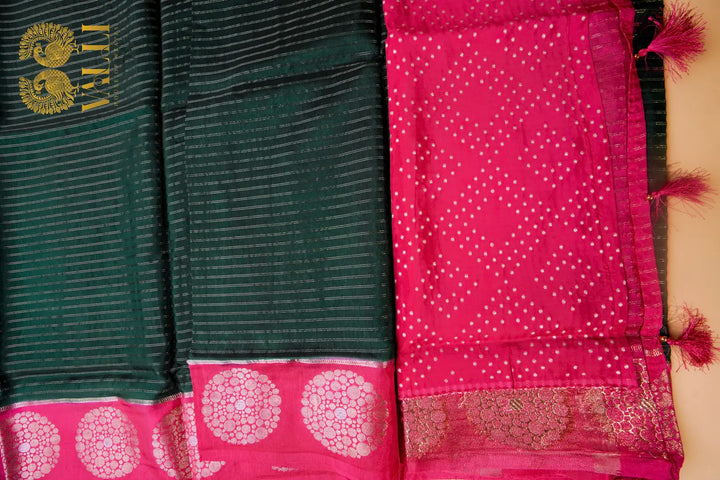 Fancy Dola Silk Saree – Gold Zari Stripes with Contrast Pink Pallu & Blouse