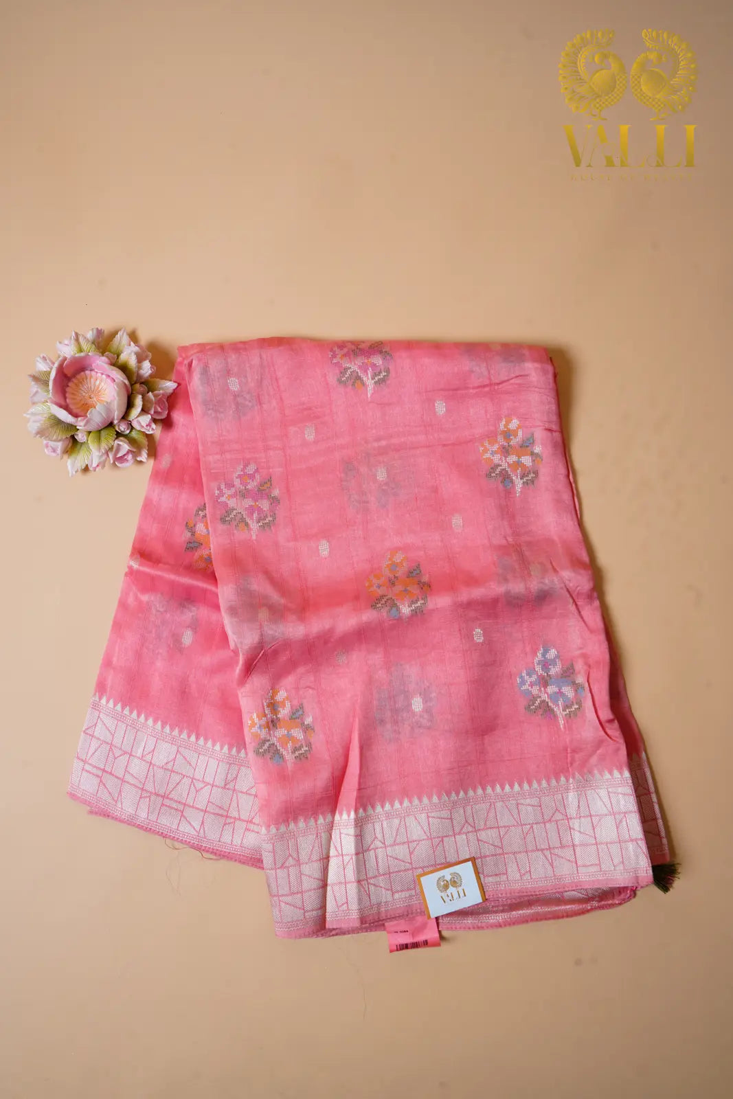 Peach Tussar Saree  Cross Stitch Motifs with Brocade Pallu & Blouse
