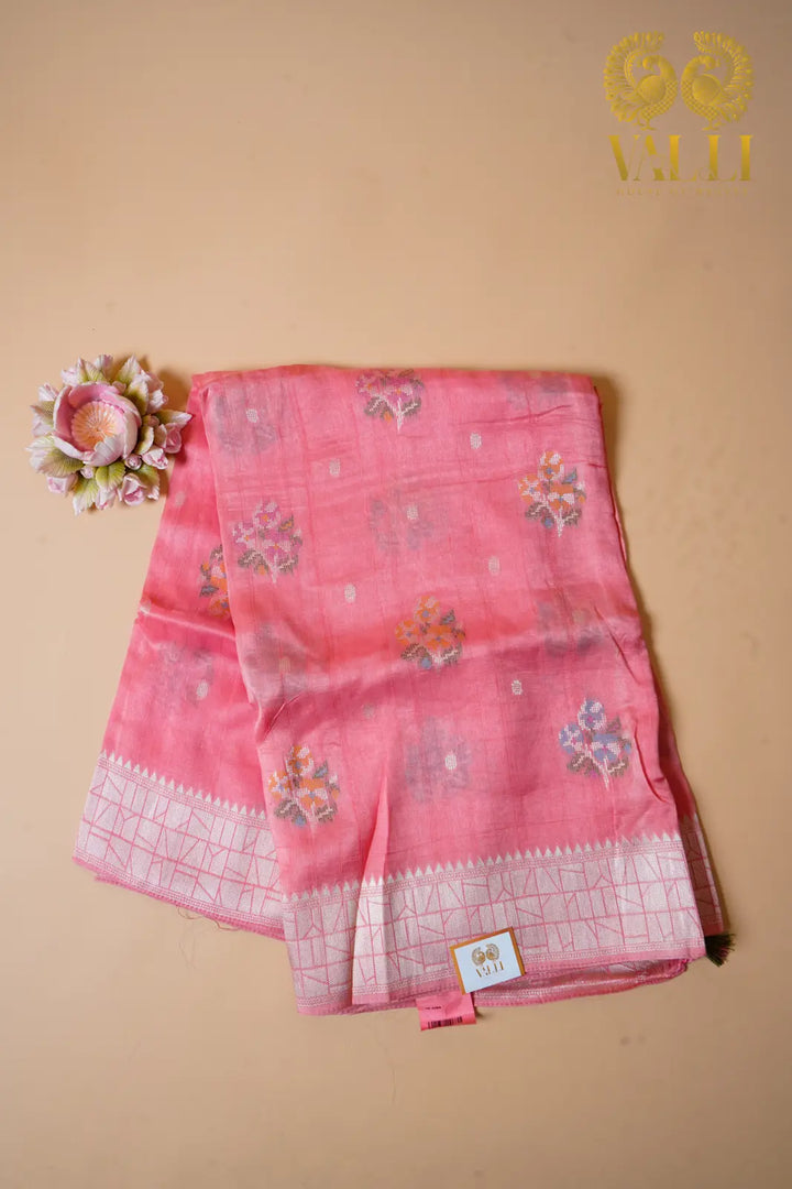 Peach Tussar Saree  Cross Stitch Motifs with Brocade Pallu & Blouse
