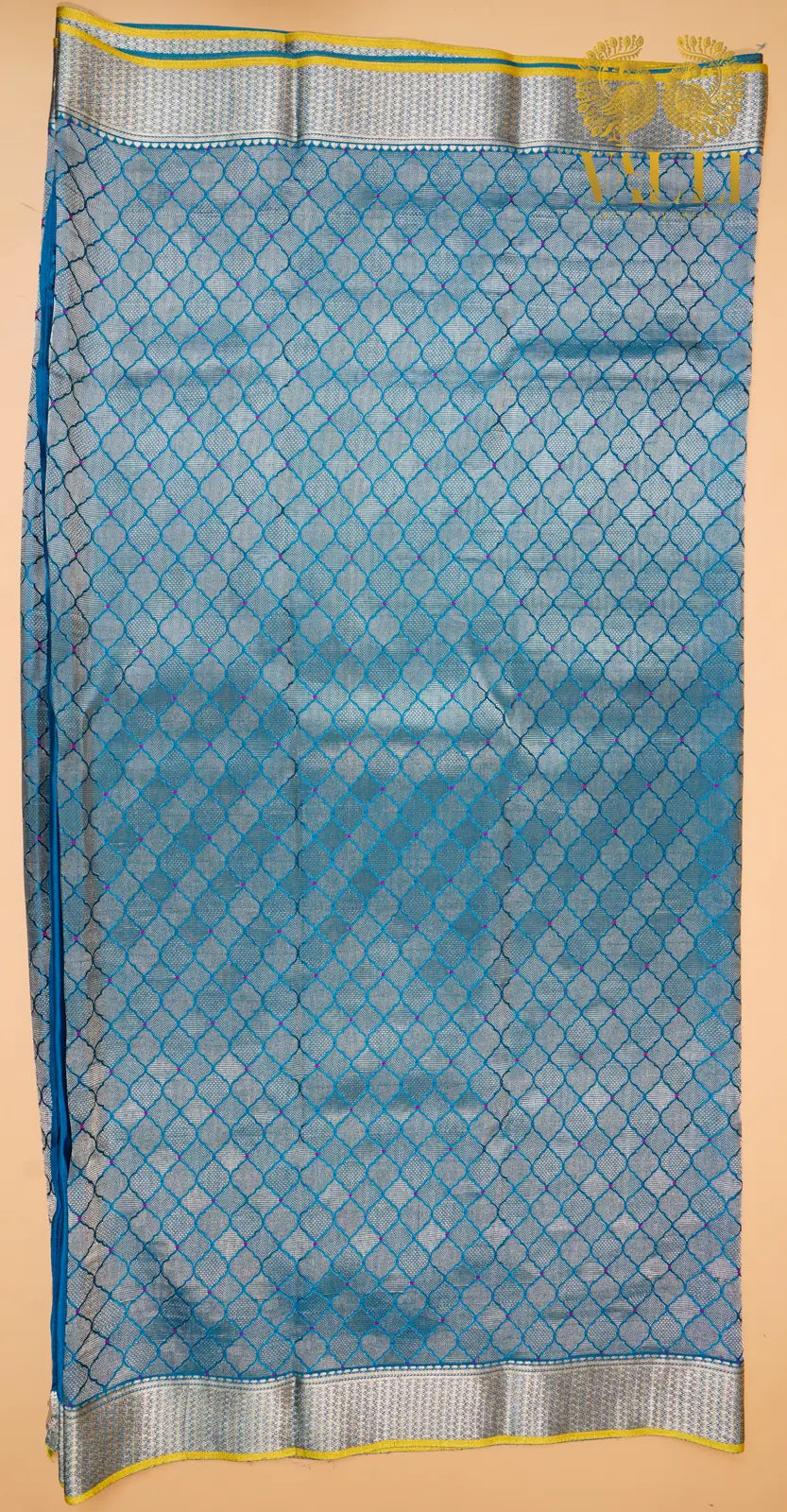 Teal  Blue Banarasi Crepe Silk Saree with Yellow Selvage