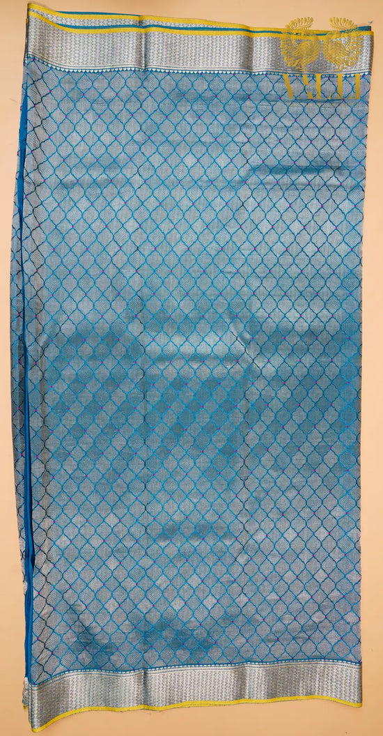 Teal  Blue Banarasi Crepe Silk Saree with Yellow Selvage