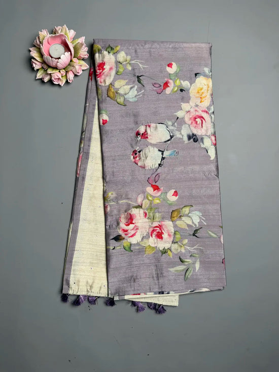 Lavender Bird Print Saree with Mirror Work & Temple Border