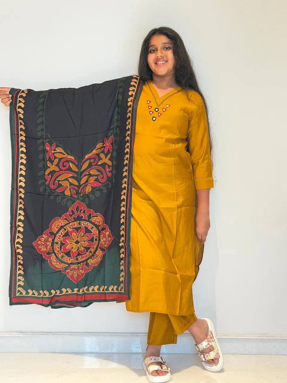 Mustard Yellow cotton with ajrakh dupatta 3 piece Suit