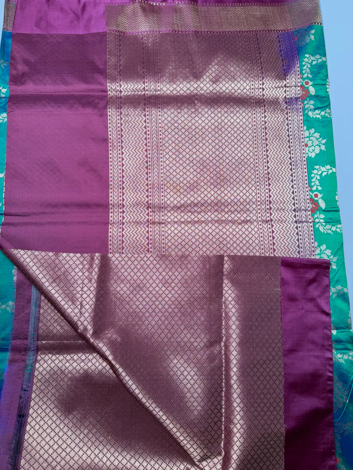 Pure Banarasi Silk Saree With bottle green Jaal with plum 