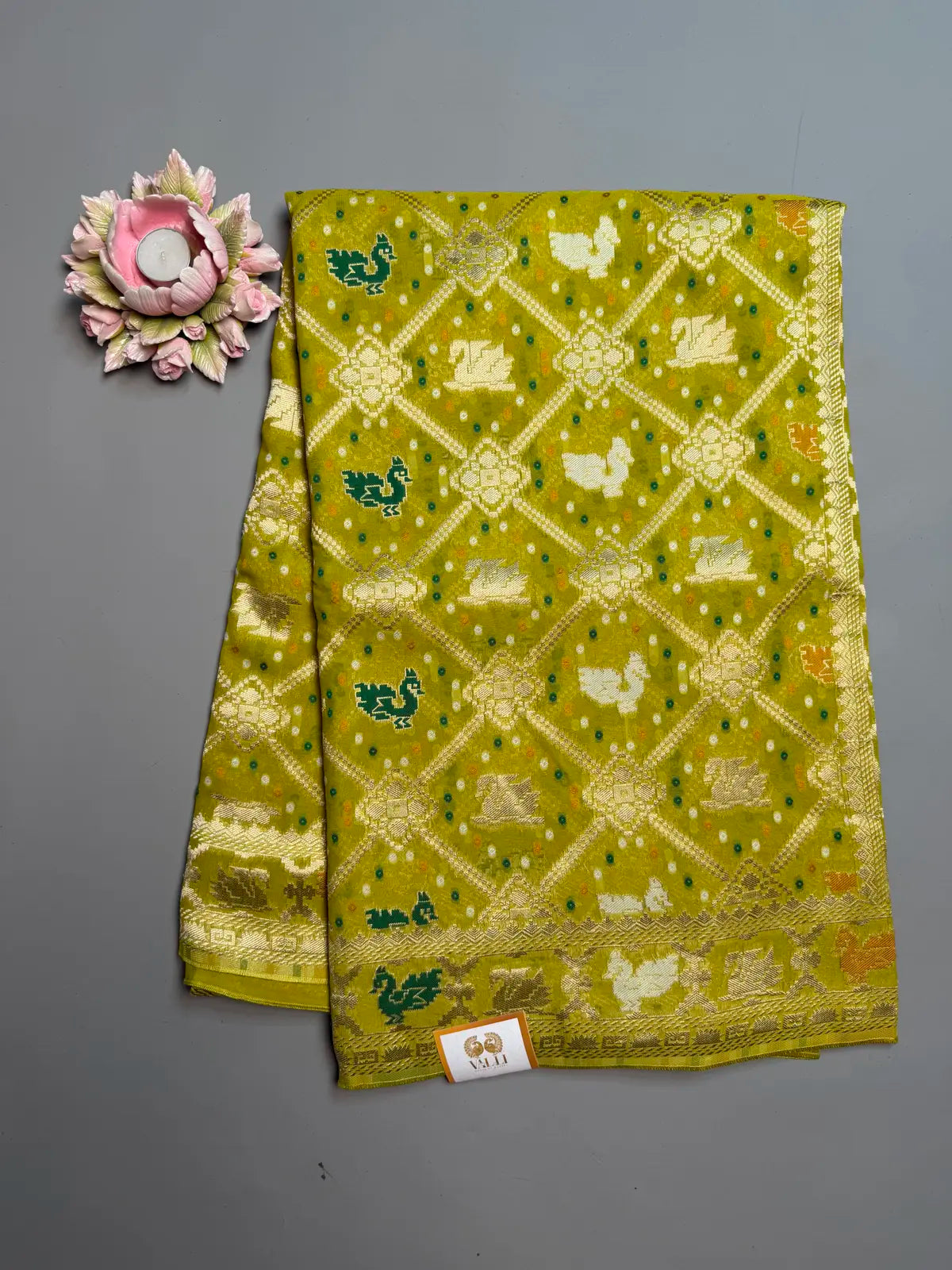 Parrot Green georgette Banarasi Silk Saree with Bird Jaal Weave