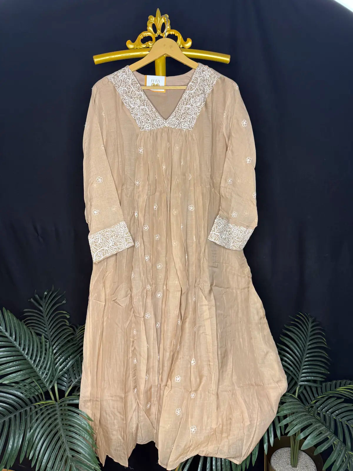 Mul mul cotton beige embroidery A line salwar