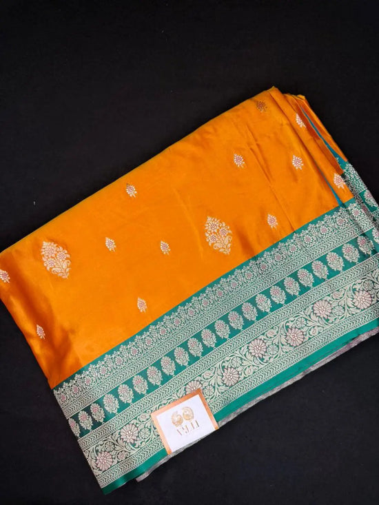 Satin Banarasi Contrast Border Saree – Mango Yellow with Heavy Brocade Pallu