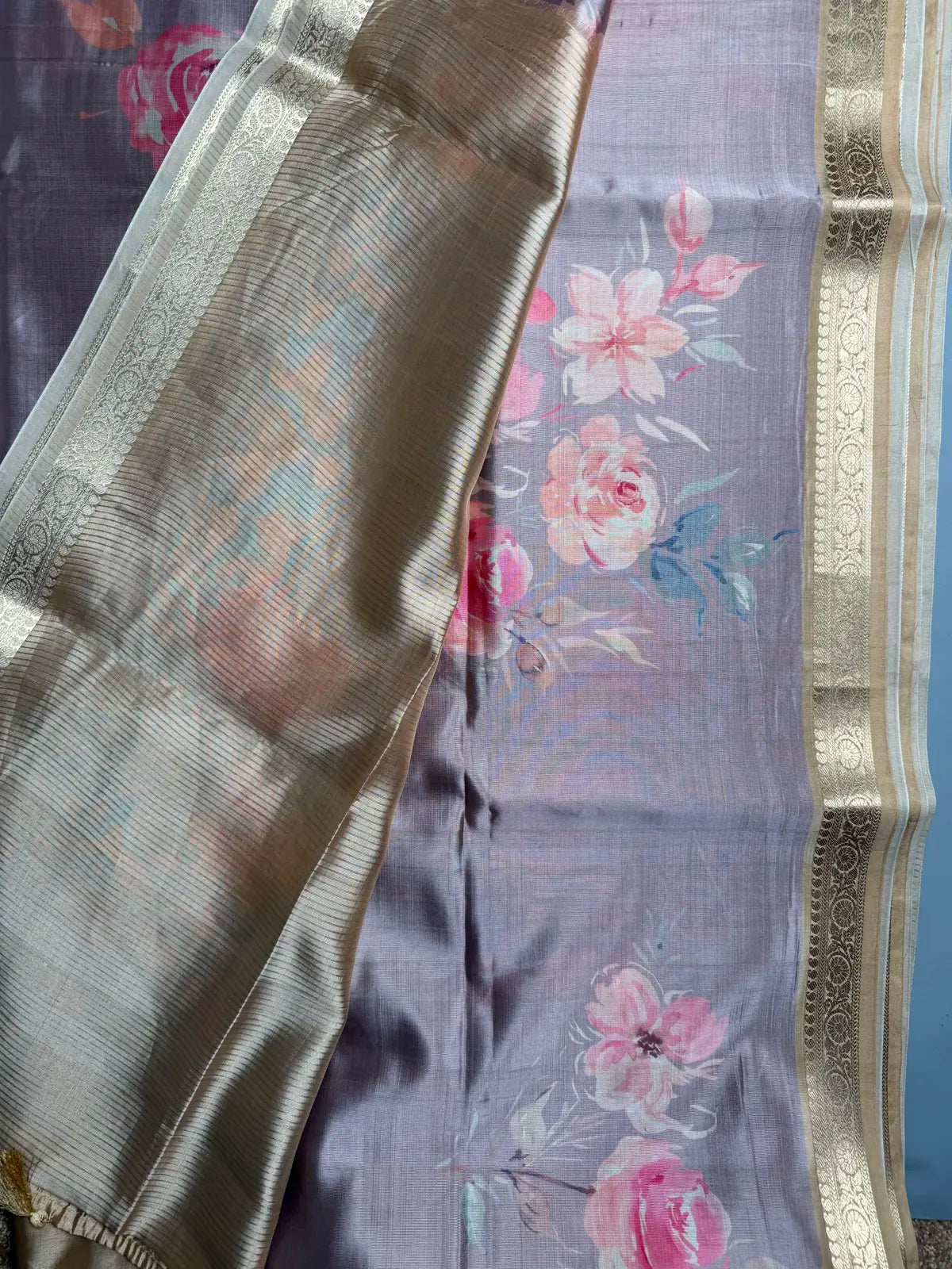 Pastel Beige Floral Silk Saree with Zari Border & Rich Golden Pallu