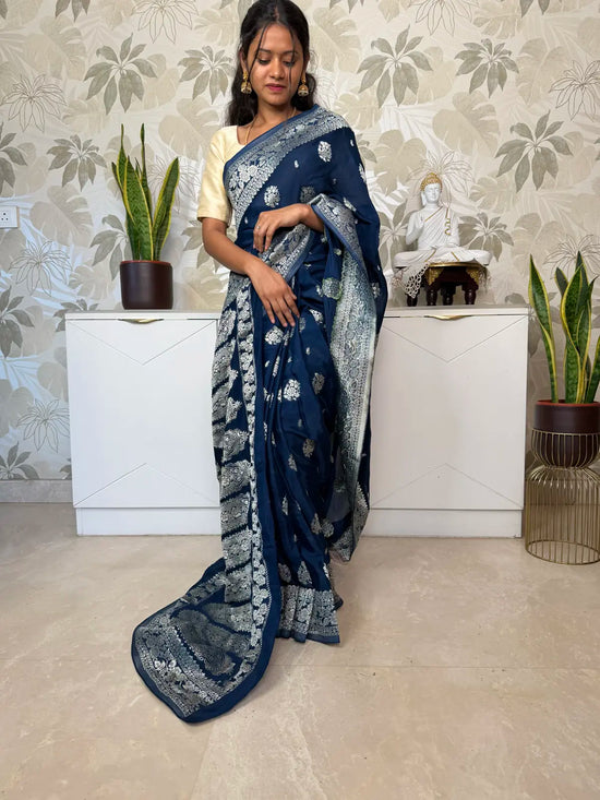 Banarasi Georgette Saree – Classic Blue with Silver Zari Floral Motifs