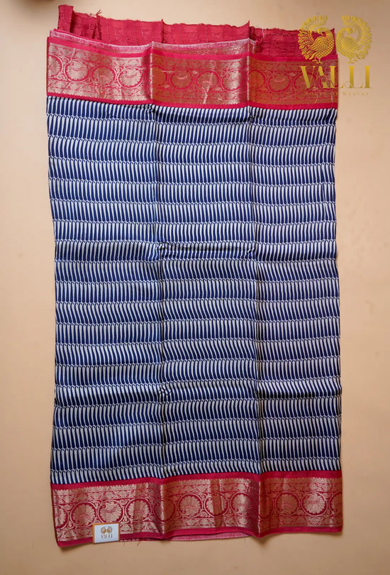 Navy Blue Printed Saree with Rich red Zari Border
