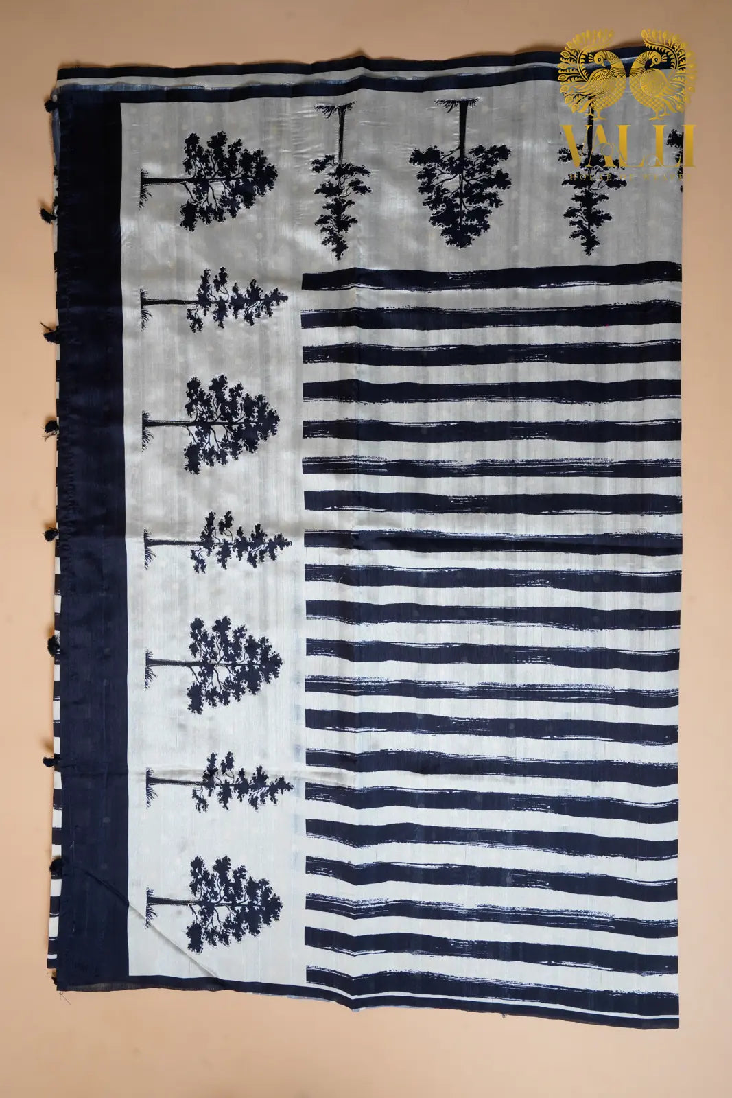 Tussar black and white stripes saree